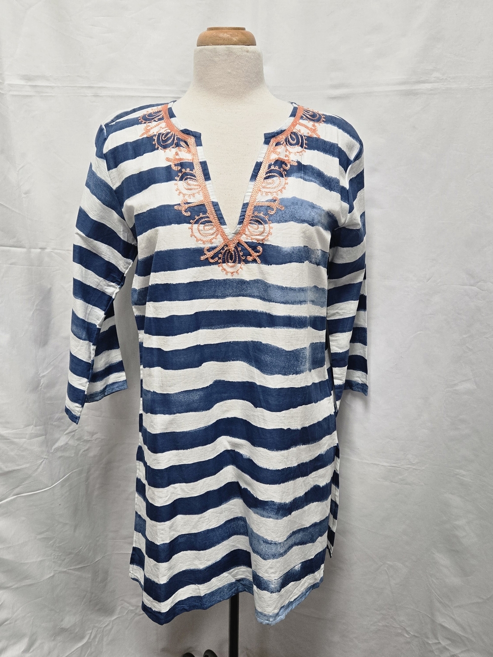 Blossom Boutique Striped V-Neck Tunic with Coral Embroidery